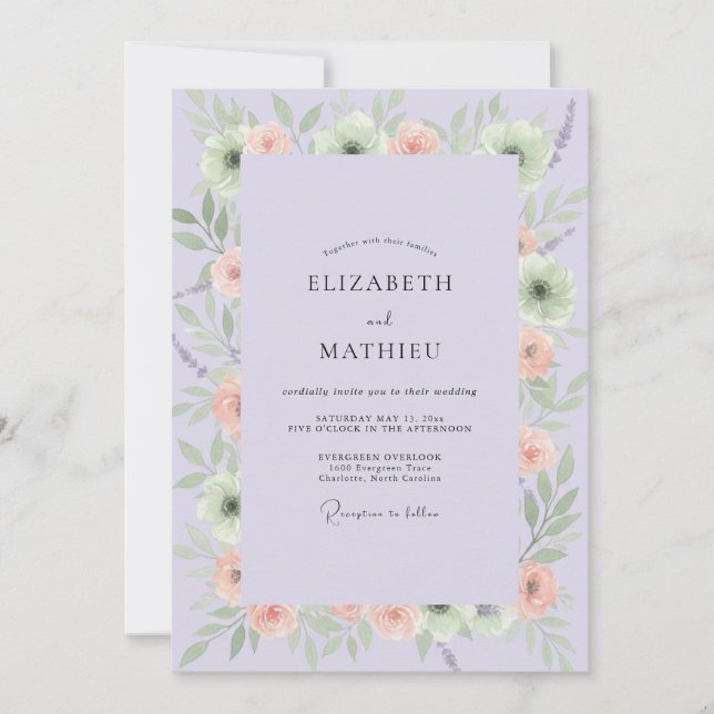 Lilac Peach Ranunculus Eucalyptus Wedding Invitation (Front)