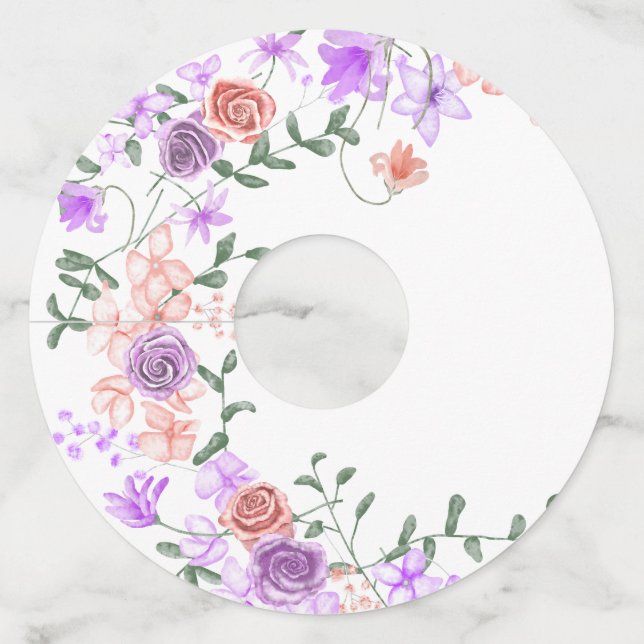 Lilac & Peach Roses Wine Glass Tag Labels (Front)