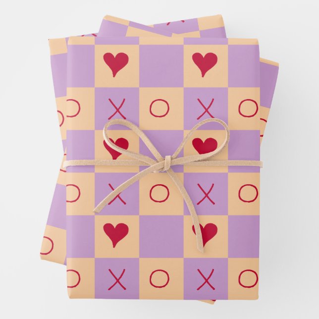 Lilac Peach XO heart Chequered   Wrapping Paper Sheet (In situ)