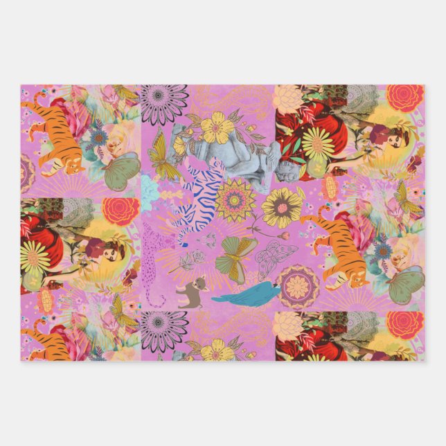 Lilac Pink Boho Whimsical Botanical Flora Wrapping Paper Sheet (Front)