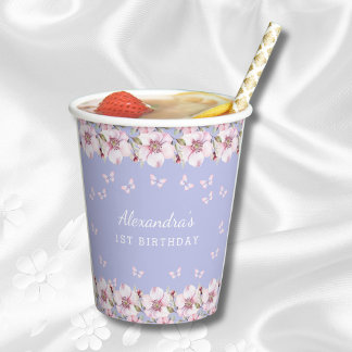 Lilac Pink Floral Girl Butterfly 1st Birthday Paper Cups