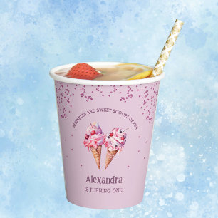 Lilac Pink Girl Ice Cream 1st Birthday Party Paper Cups