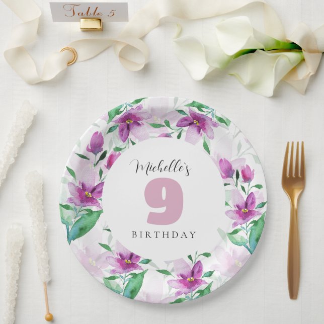 Lilac Pink Watercolor Floral Monogrammed Paper Plate (Wedding)