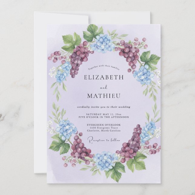 Lilac Plum Hydrangea Eucalyptus Wedding Invitation (Front)