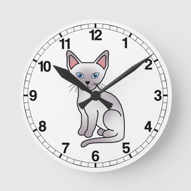 Lilac Point Siamese Breed Cat Cartoon Drawing Round Clock (Front)