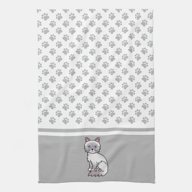 Lilac Point Tabby Birman / Ragdoll Cute Cat & Paws Kitchen Towel (Vertical)