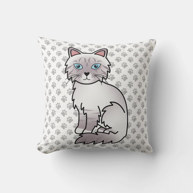 Lilac Point Tabby Birman / Ragdoll Cute Cat & Paws Throw Pillow (Front)