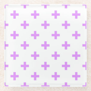Lilac polka crosses on white glass coaster