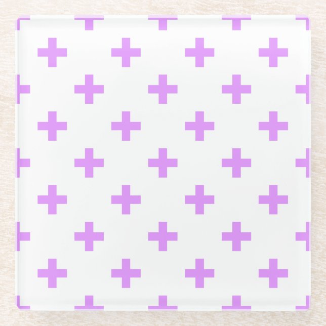 Lilac polka crosses on white glass coaster (Front)