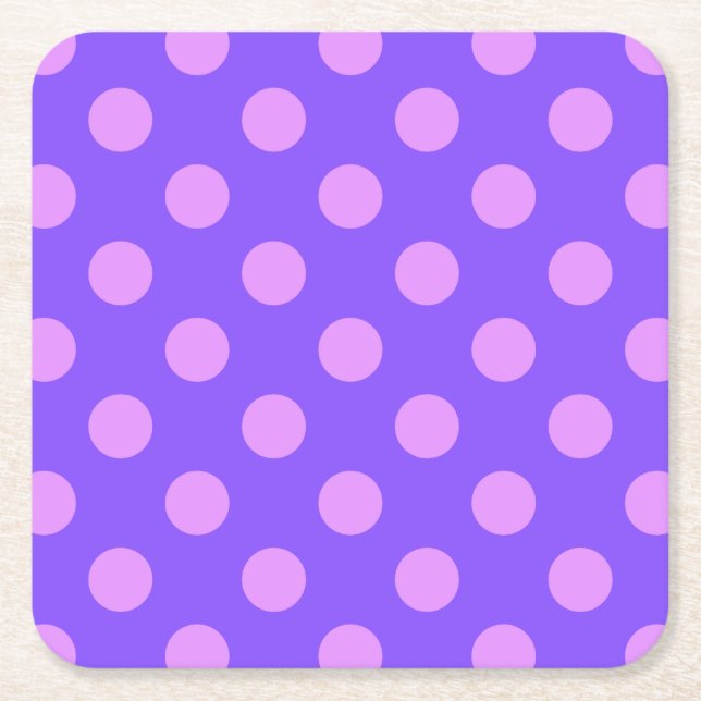 Lilac polka dots on periwinkle square paper coaster (Front)