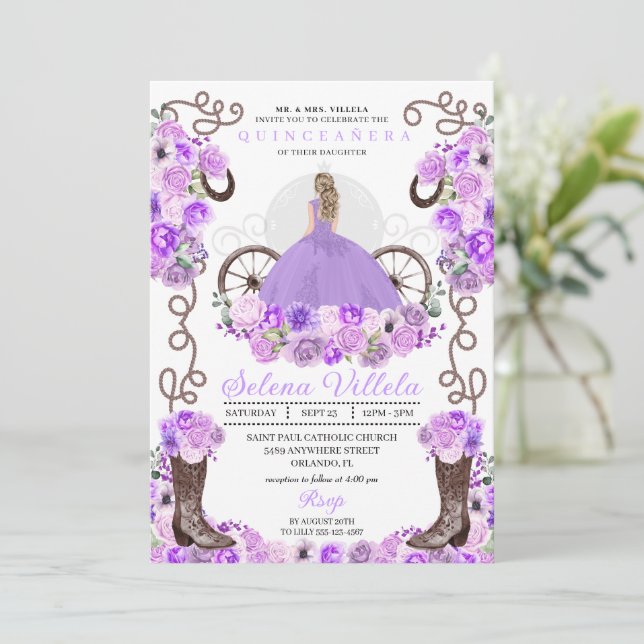 Lilac Princess Dress & Boots Quinceañera Invitation (Standing Front)