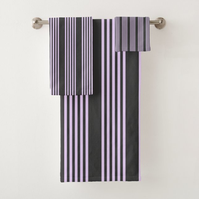 Lilac purple and charcoal five stripes pattern bath towel set (Insitu)