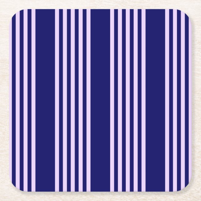 Lilac purple and navy blue five stripes pattern square paper coaster (Front)
