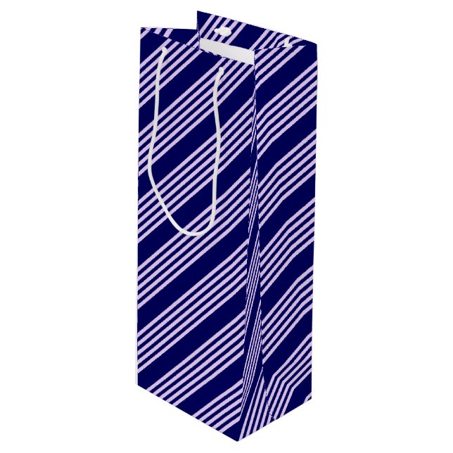 Lilac purple and navy blue five stripes pattern wine gift bag (Front Angled)
