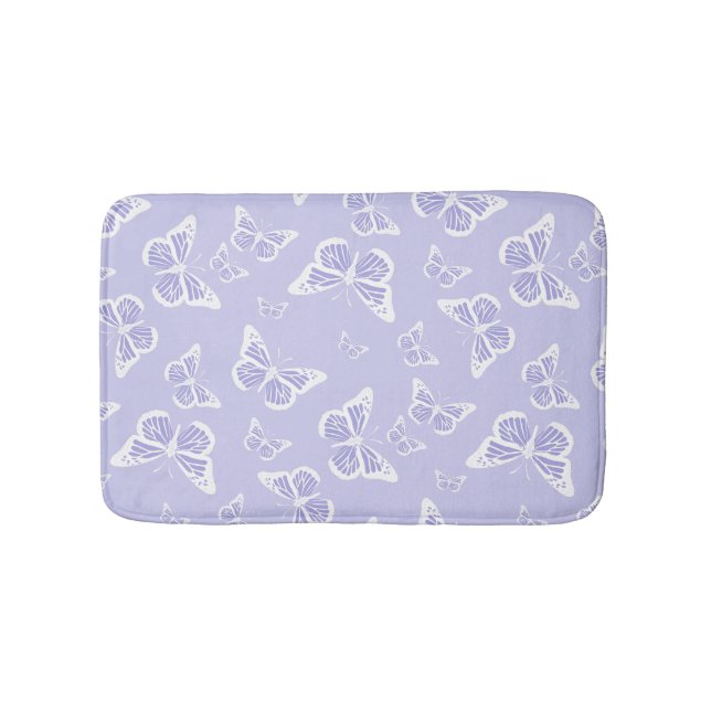 Lilac Purple and White Butterfly Motif Pattern Bath Mat (Front)