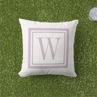 Lilac Purple and White Classic Square Monogram Outdoor Pillow