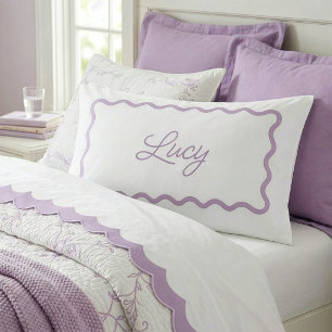 Lilac Purple and White Wavy Scallop Frame Monogram Pillowcase