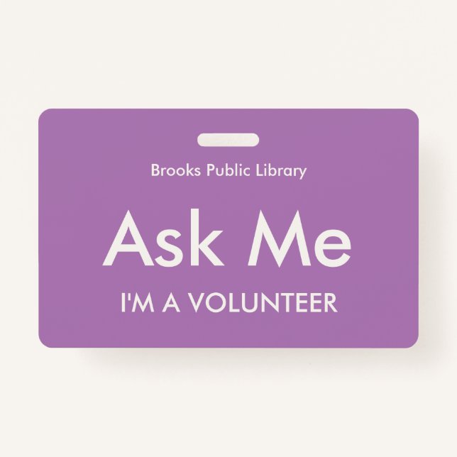 Lilac Purple Ask Me Badge for Volunteers (Front)