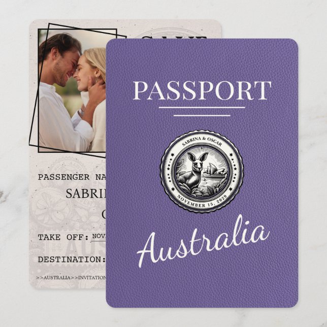 Lilac Purple Australia Passport Save The Date (Front/Back)