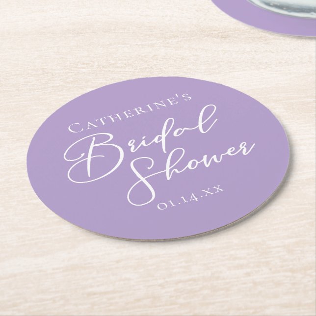 Lilac Purple Bridal Shower Personalized Round Paper Coaster (Angled)