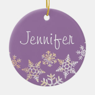 Lilac Purple Custom Name with Snowflakes Ceramic Ornament