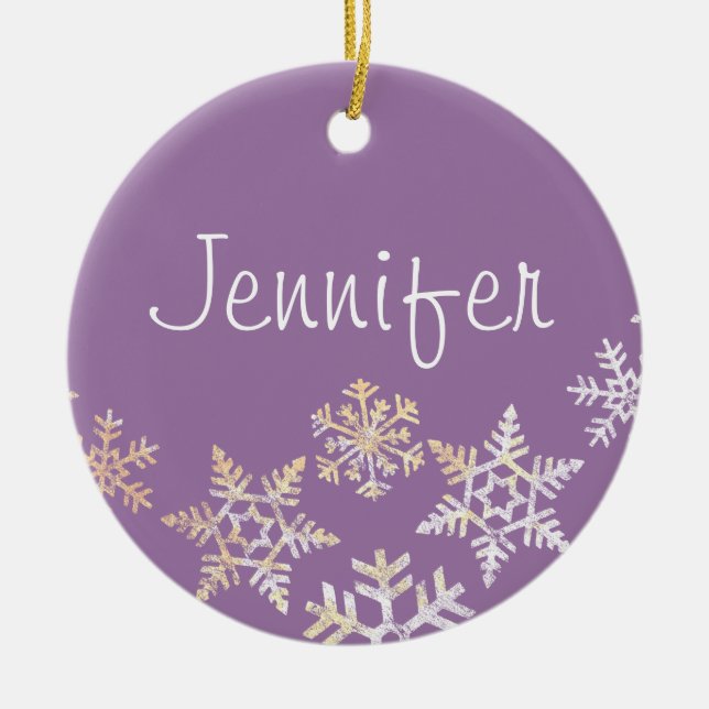 Lilac Purple Custom Name with Snowflakes Ceramic Ornament (Front)
