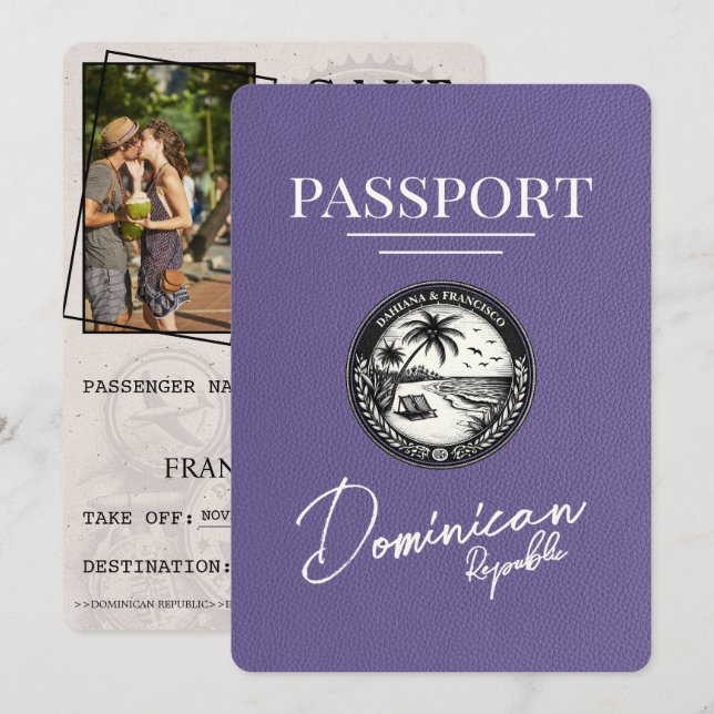 Lilac Purple Dominican Republic Passport Save The Date (Front/Back)