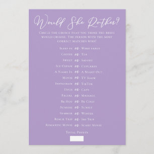 Lilac Purple Downloadable Bridal Shower Guess Game Card