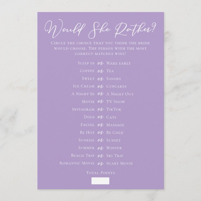 Lilac Purple Downloadable Bridal Shower Guess Game Card (Front)