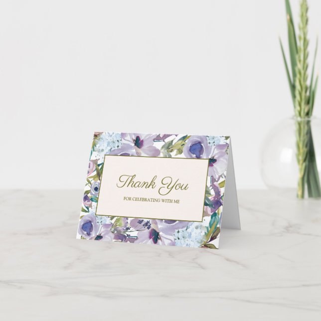 Lilac Purple Dusty Blue Floral Birthday Thank You Card (Front)