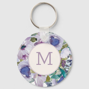 Lilac Purple Dusty Blue Watercolor Floral Mongram Keychain