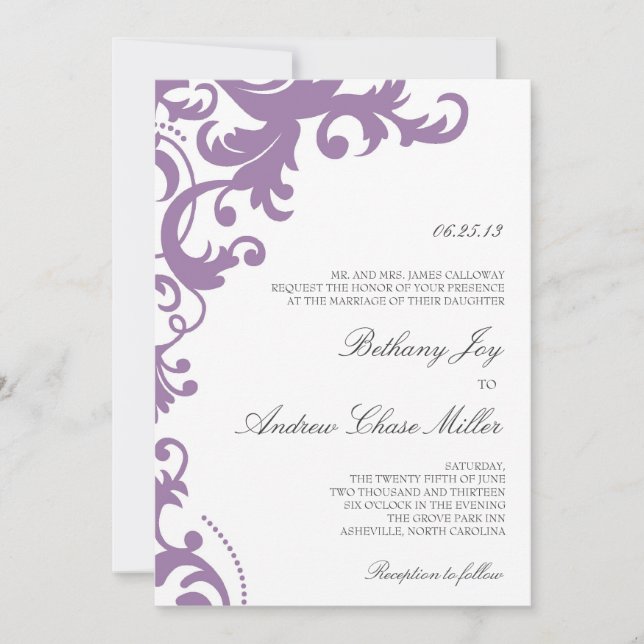 Lilac Purple Elegant Mariage damassé Invitation (Devant)