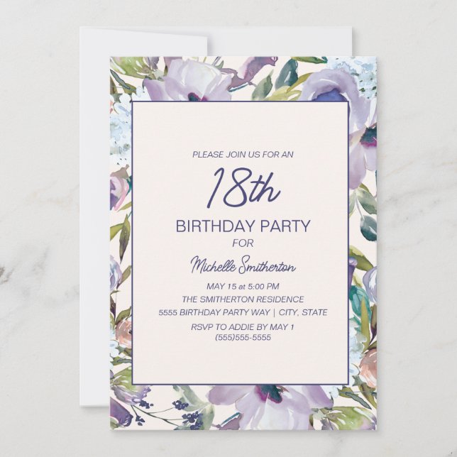 Lilac Purple Floral Greenery 18th Birthday Invitation (Front)