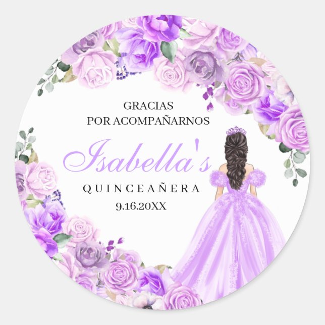 Lilac Purple Floral Quinceanera Round Stickers (Front)