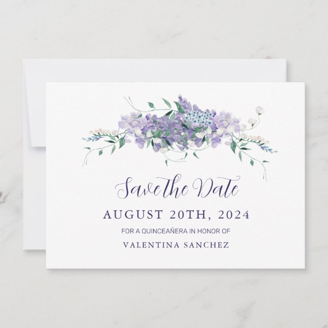 Lilac Purple Floral Quinceanera Save The Date (Front)