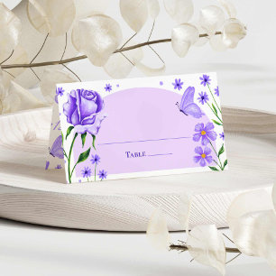 Lilac Purple Floral Roses & Butterfly Quinceañera Place Card