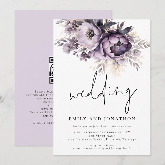 Lilac Purple Florals Informal Script Wedding Invitation (Front/Back)