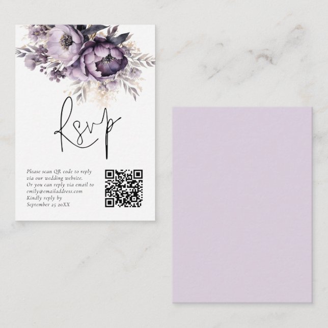 Lilac Purple Florals QR Code Wedding RSVP Card (Front/Back)