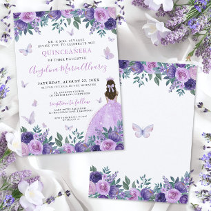 Lilac Purple Flowers Butterfly Quinceañera Invitation