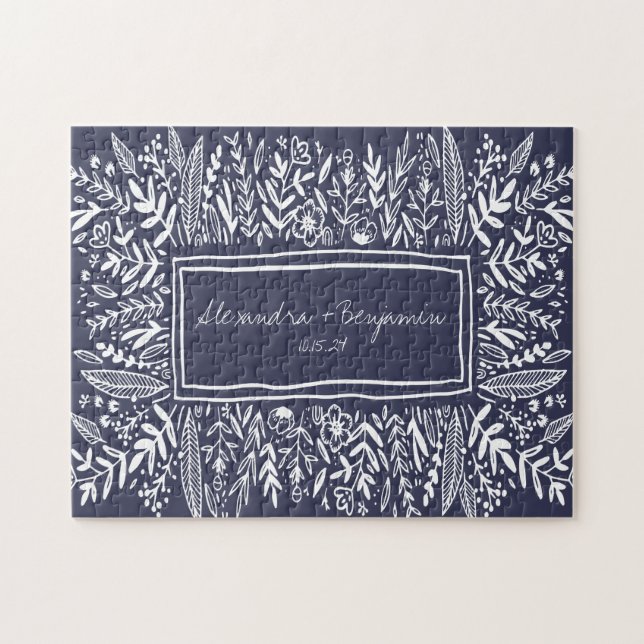 Lilac Purple Garden Floral Art Border Name Wedding Jigsaw Puzzle (Horizontal)