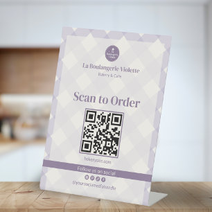 Lilac Purple Gingham Bakery QR Scan to Order Pedestal Sign