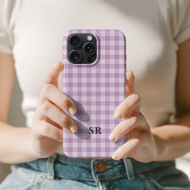 Lilac Purple Gingham Monogram Teacher Custom Mom iPhone Case (Minimalist Pastel Violet Checkered Custom Monogram Gift for Student Teacher Nurse Lawyer Graduation)