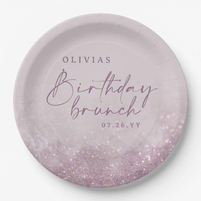 Lilac purple glitter elegant birthday brunch chic paper plate (Front)