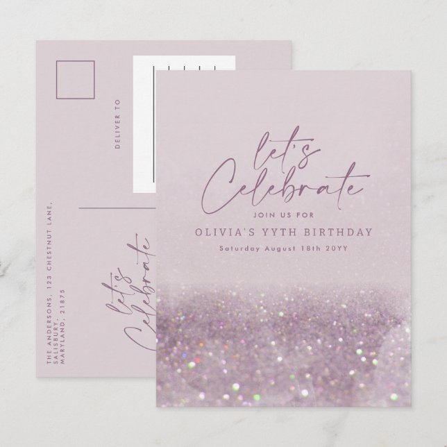 Lilac purple glitter elegant birthday unique invitation postcard (Front/Back)