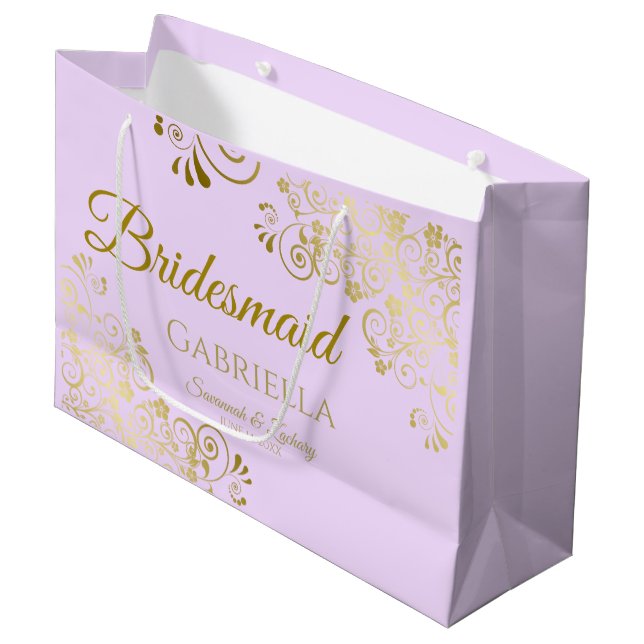 Lilac Purple & Gold Lace Elegant Bridesmaid Large Gift Bag (Front Angled)