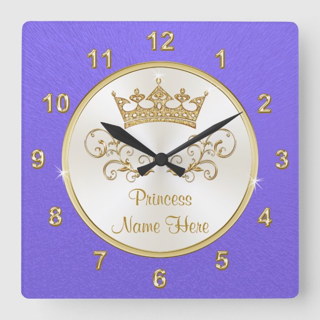 Lilac Purple Gold Personalized Princess Room Decor Square Wall Clock (Front)