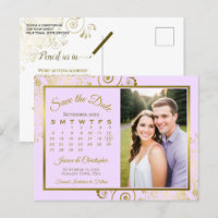 Lilac Purple Gold Wedding Save Date Calendar Photo