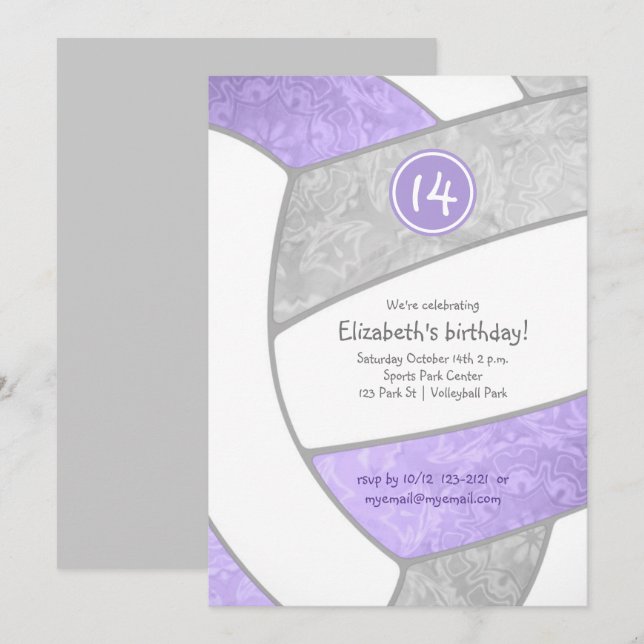 lilac purple grey girly volleyball birthday invitation (Front/Back)