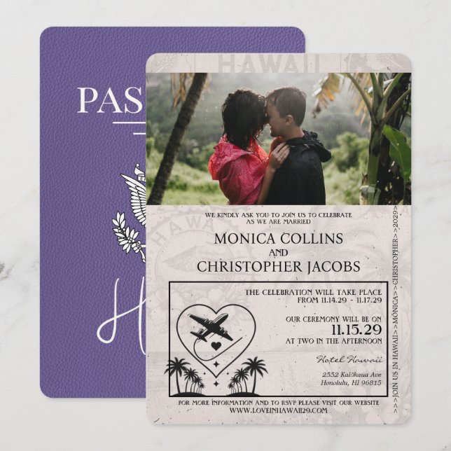 Lilac Purple Hawaii Passeport Faire-part de mariag (Devant / Derrière)