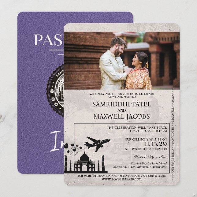 Lilac Purple India Passport Wedding Invitation (Front/Back)